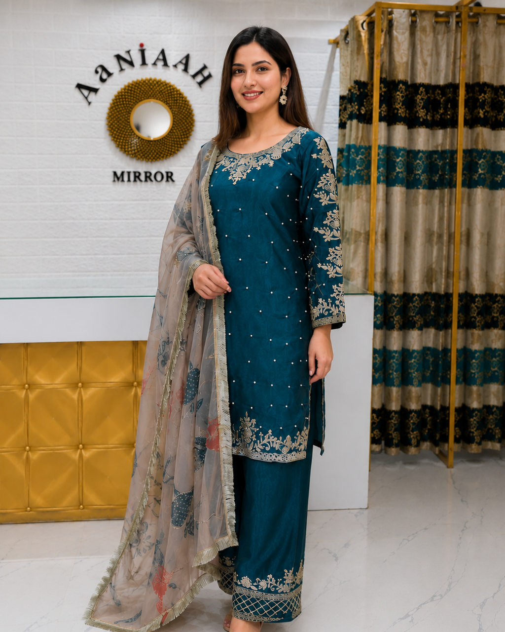 Turquoise Farshi Pant Organza Dupatta Suit