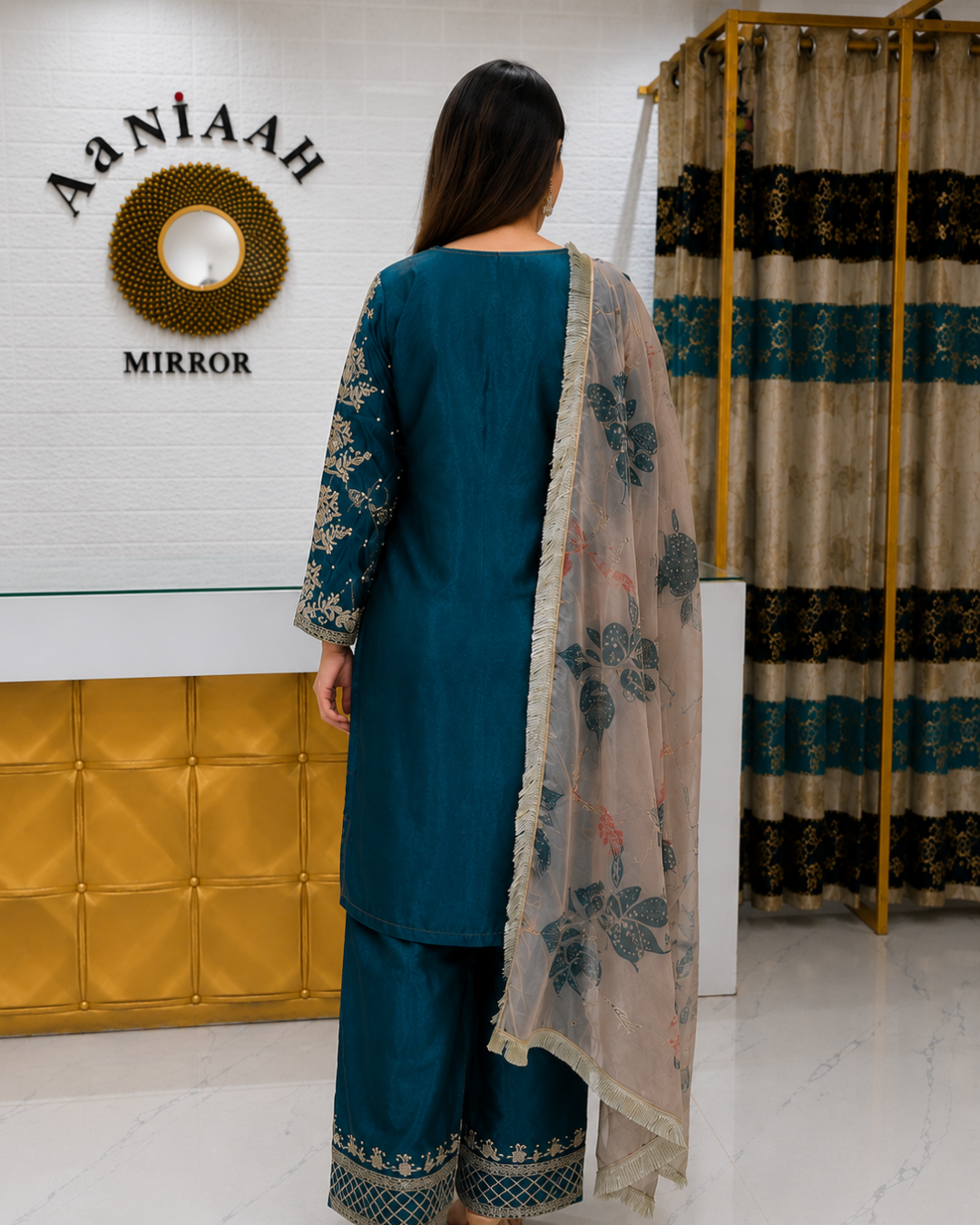 Turquoise Farshi Pant Organza Dupatta Suit