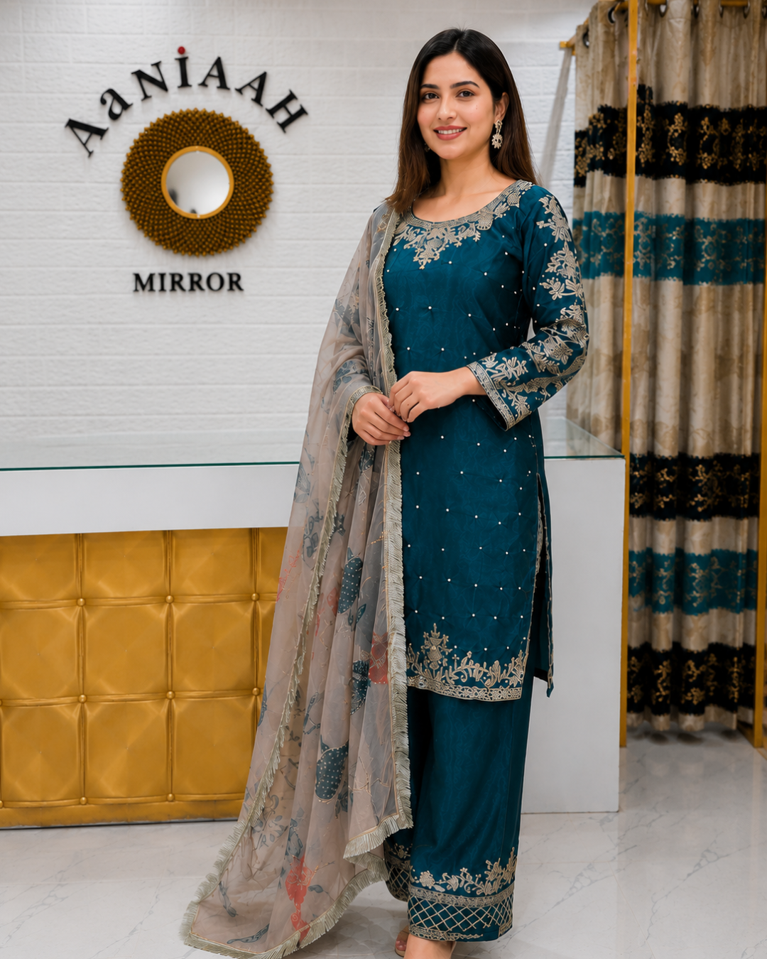 Turquoise Farshi Pant Organza Dupatta Suit