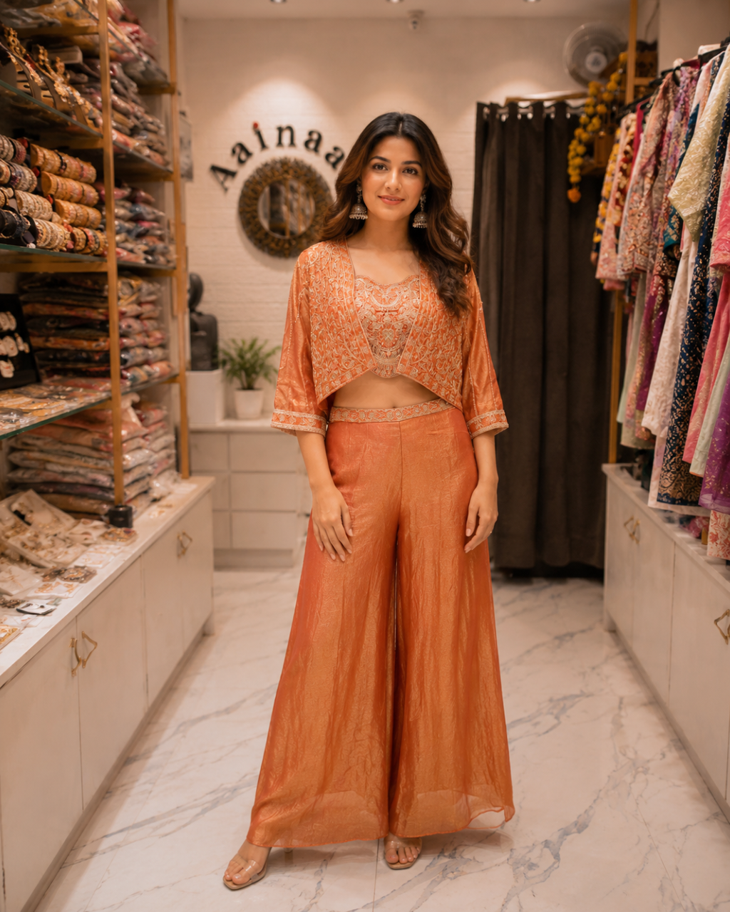 Indo Western Jacket Top, Sharara & Crop Set Dress- Sleeves Separate