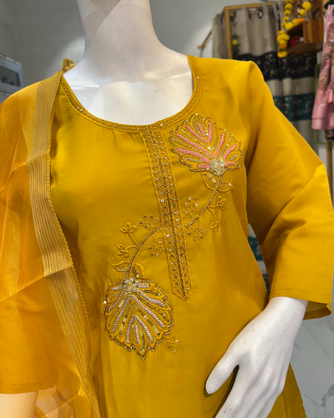 Ruby Silk suit with Embroidery - Yellow