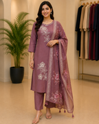Ruby Silk Suit with Embroidery