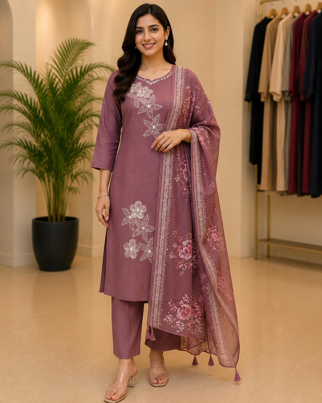 Ruby Silk Suit with Embroidery