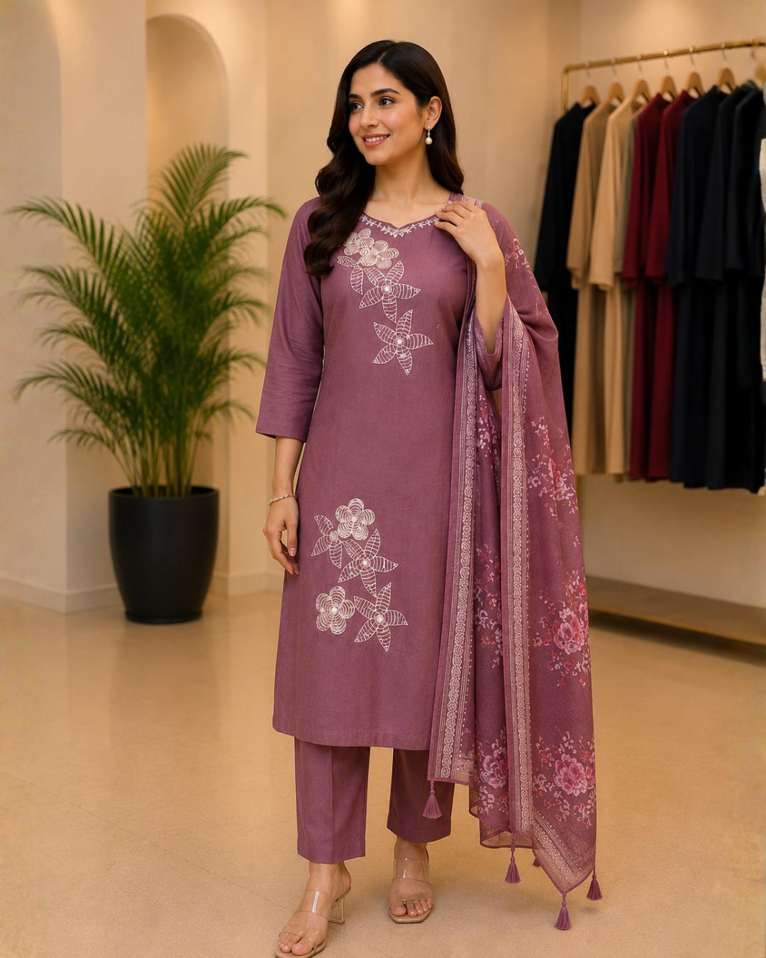 Ruby Silk Suit with Embroidery