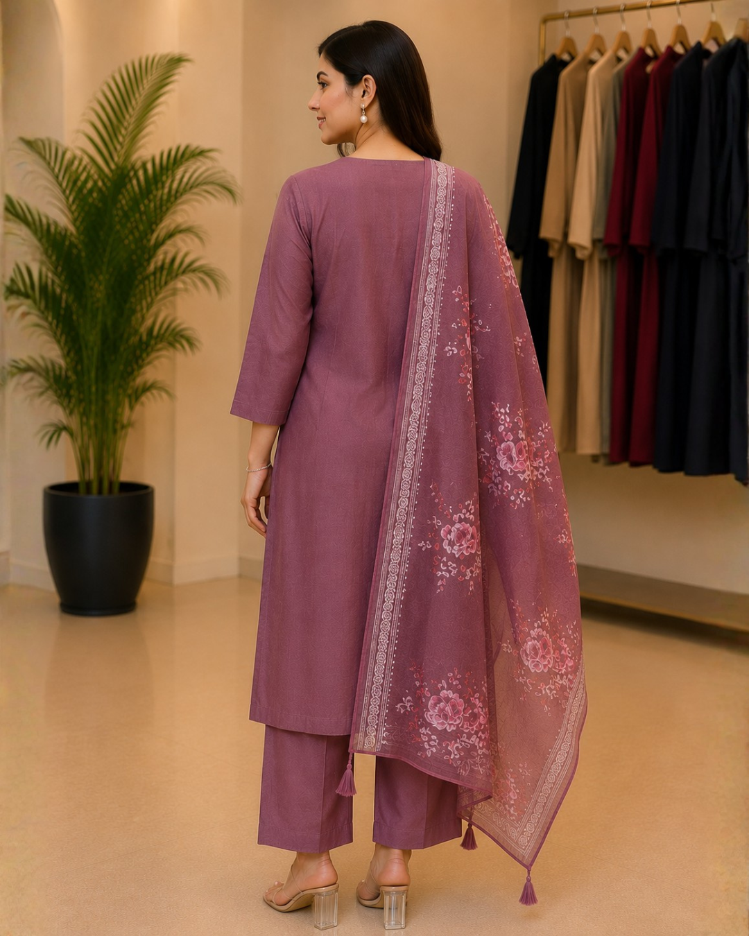 Ruby Silk Suit with Embroidery