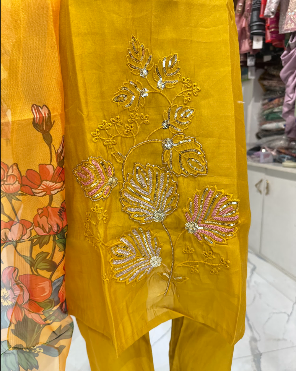 Ruby Silk suit with Embroidery - Yellow