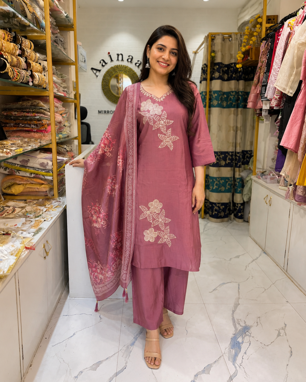 Ruby Silk Suit with Embroidery