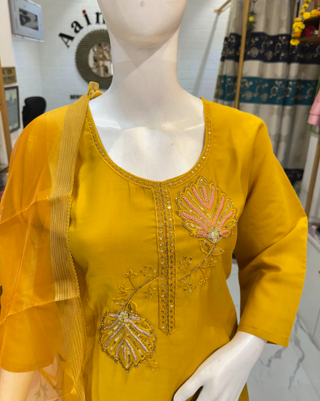 Ruby Silk suit with Embroidery - Yellow