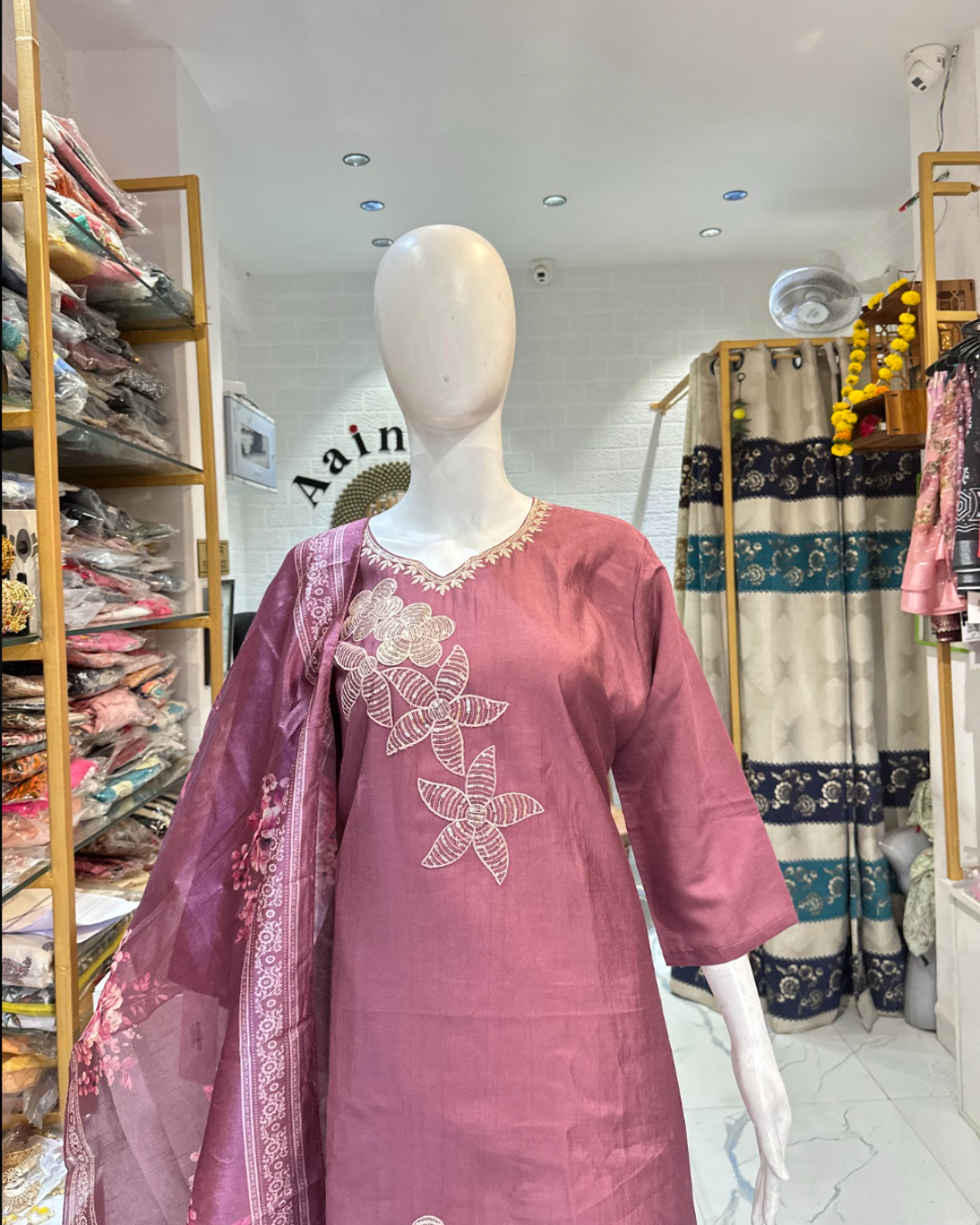 Ruby Silk Suit with Embroidery