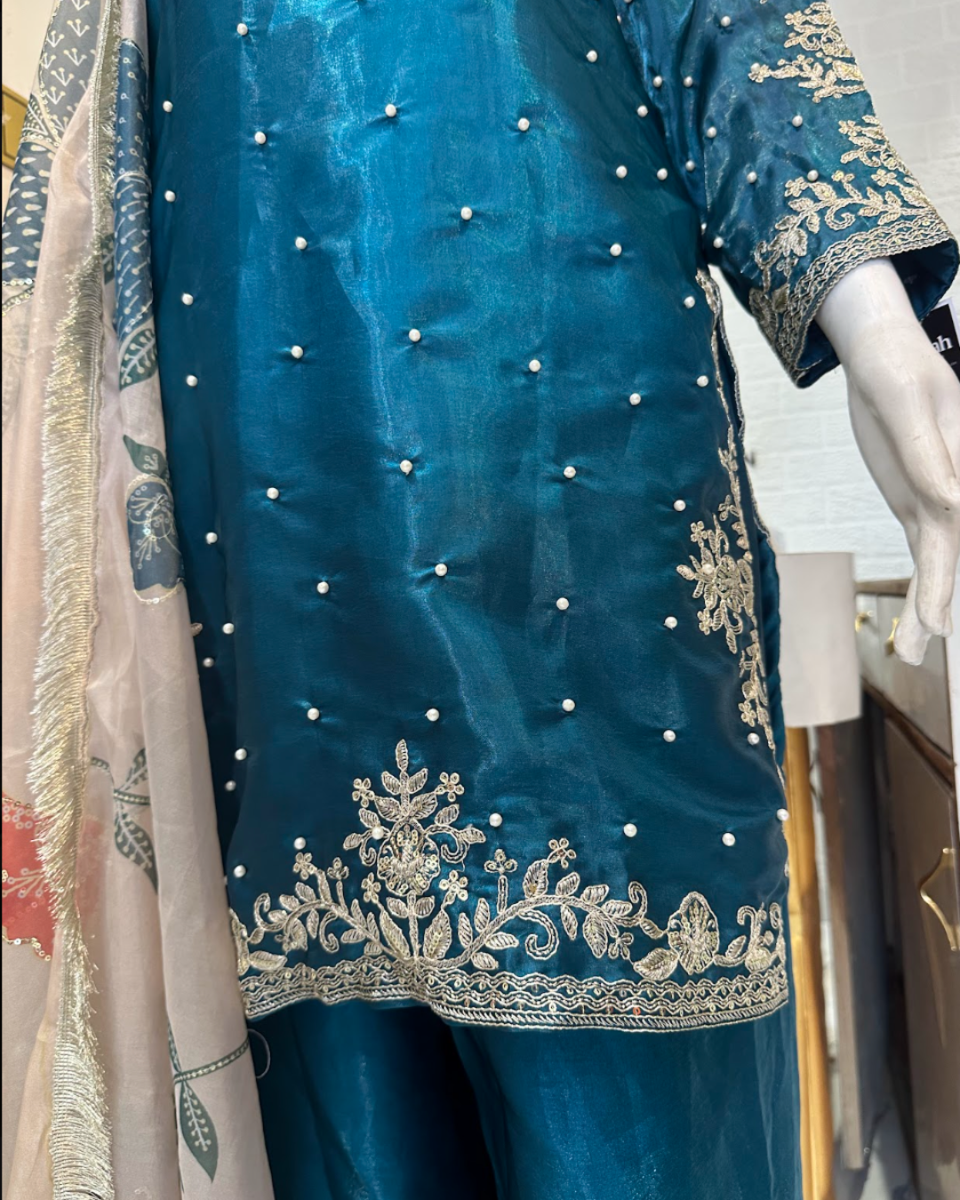 Turquoise Farshi Pant Organza Dupatta Suit