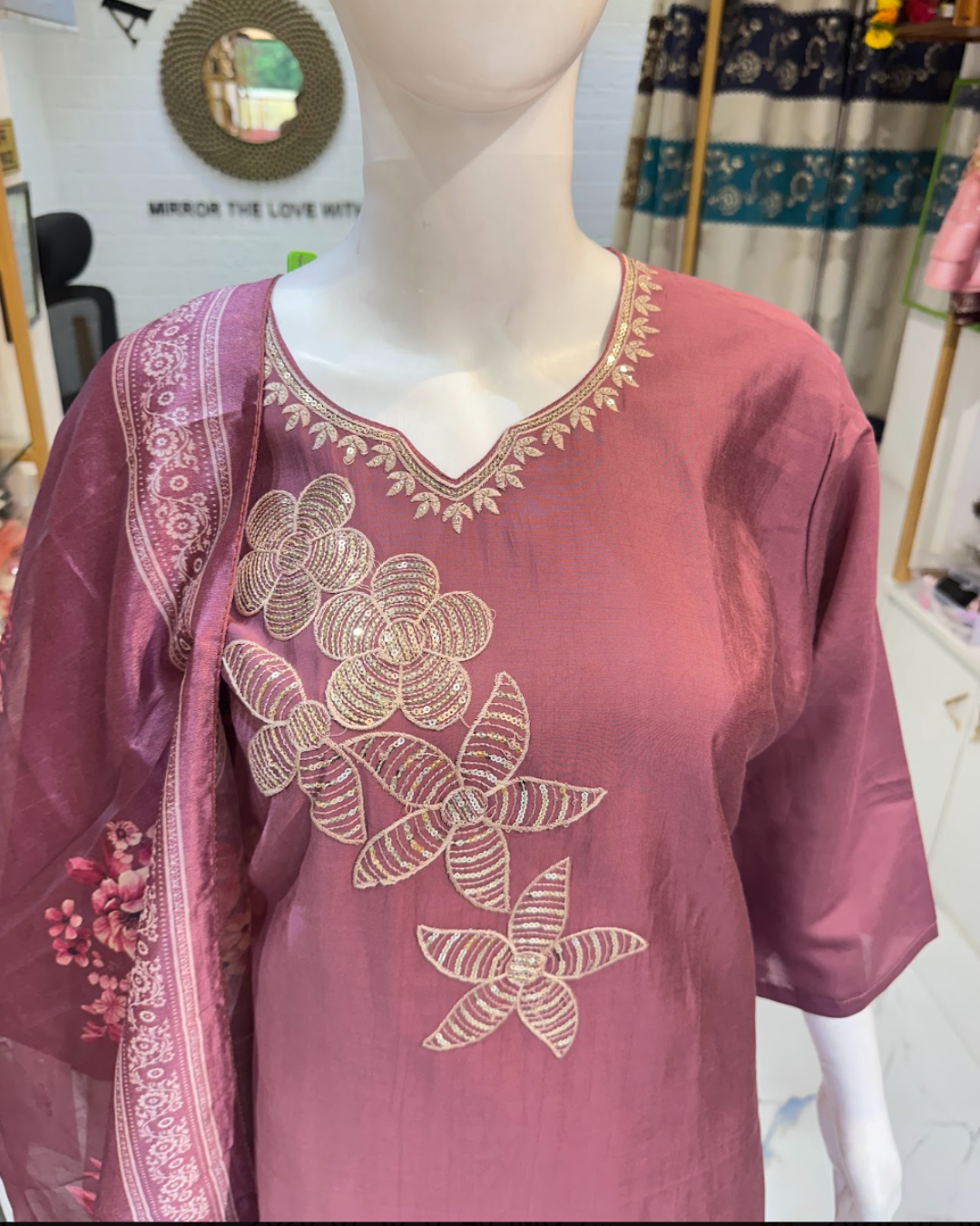 Ruby Silk Suit with Embroidery