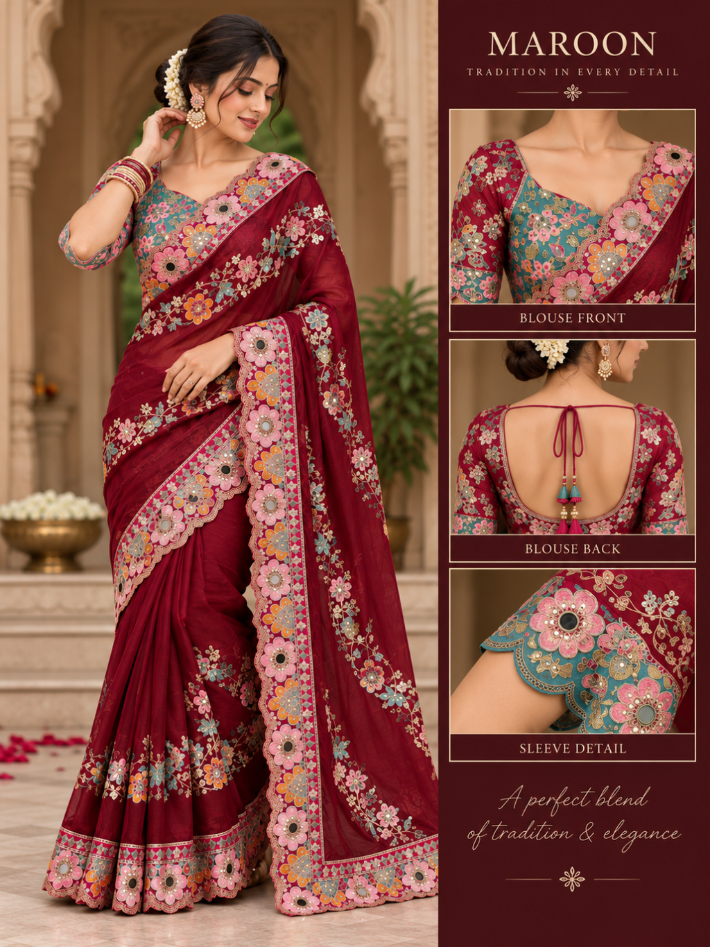 Saree and Readymade Blouse - Embroidered