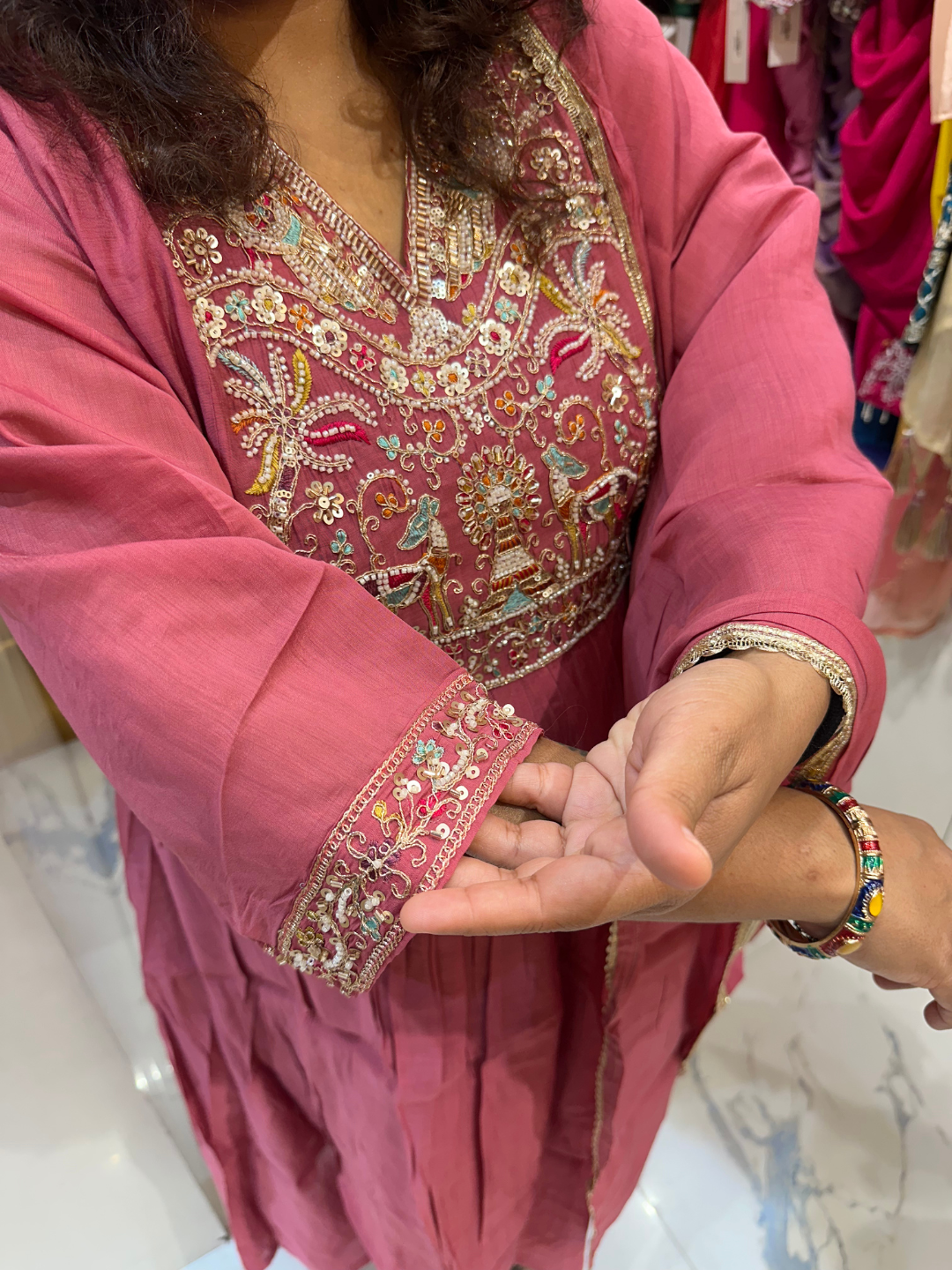 Handwork Chanderi Silk Pink Suit