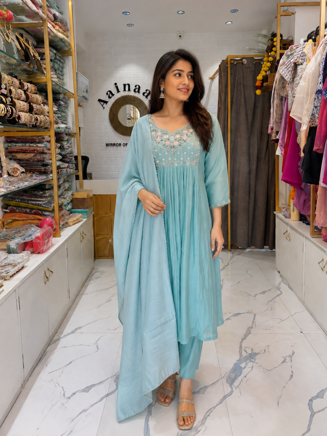 Handowrk Chandeeri Silk Asmani Suit