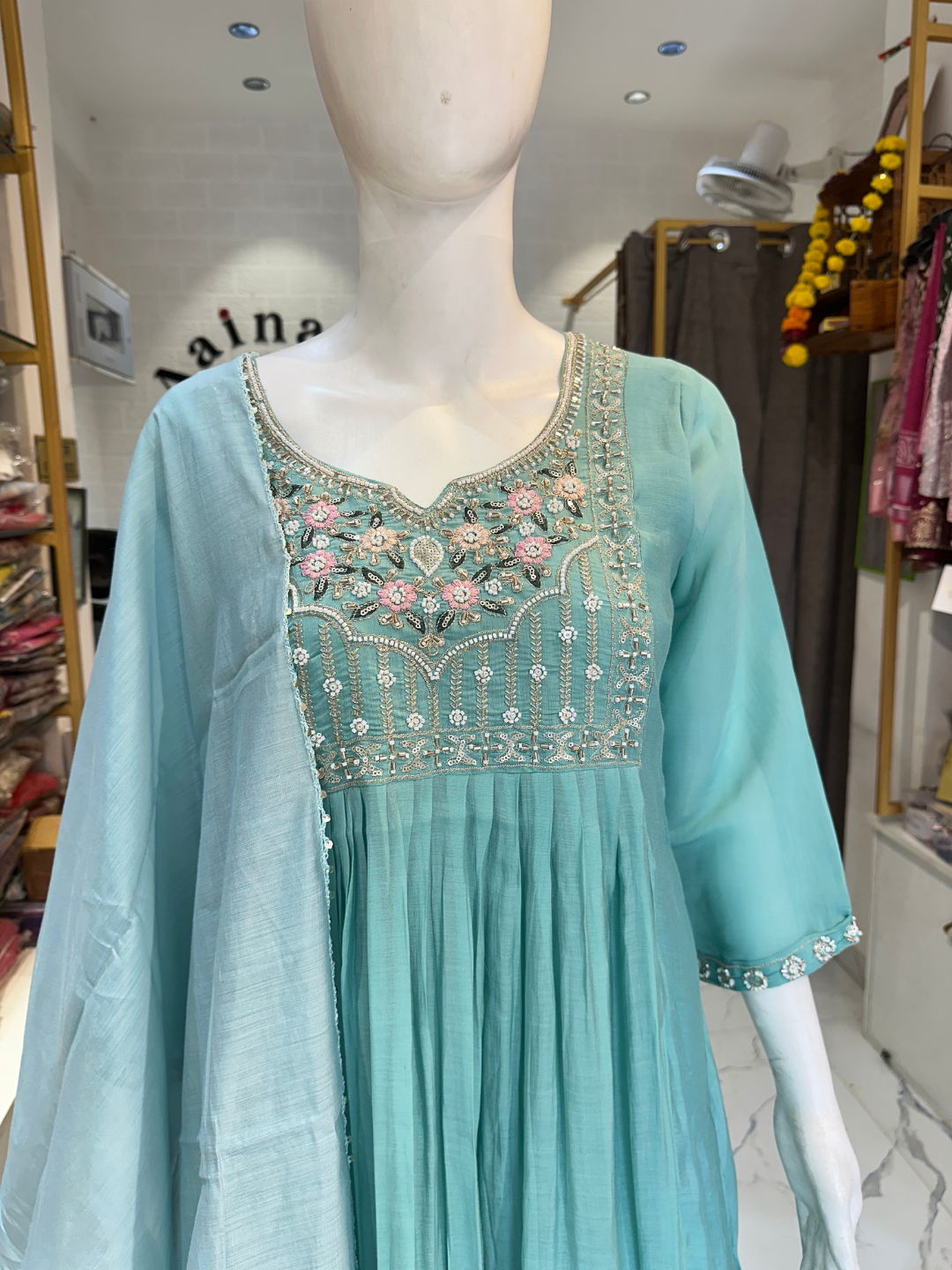 Handowrk Chandeeri Silk Asmani Suit