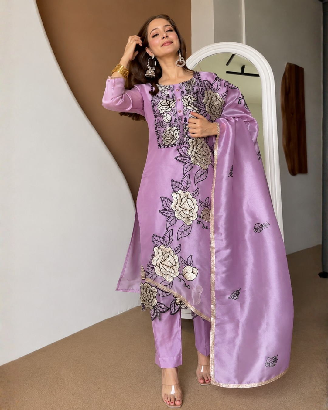 Butter Crepe Cut Work Suit