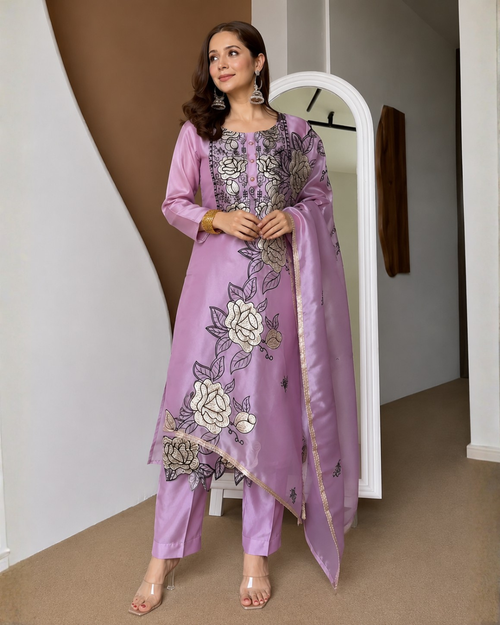 Butter Crepe Cut Work Suit