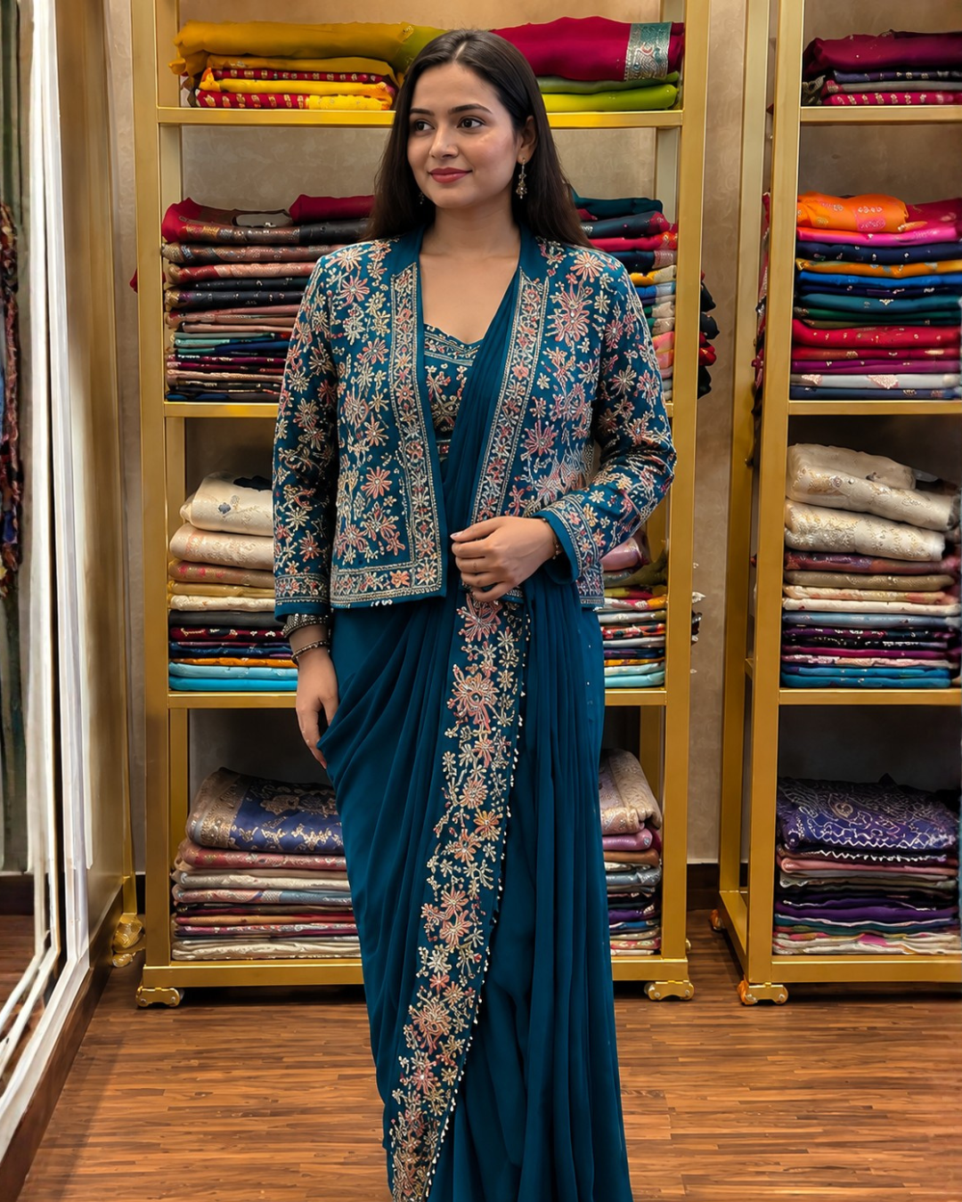 New Super Trending Embroidery cording work ready to wear saree with full Koti