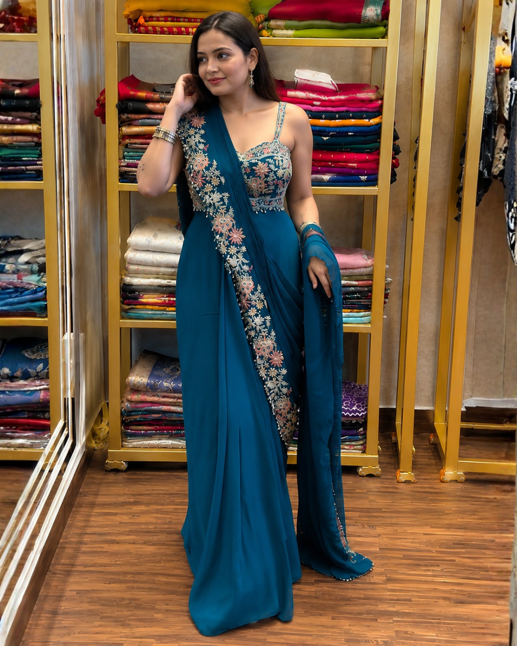 New Super Trending Embroidery cording work ready to wear saree with full Koti