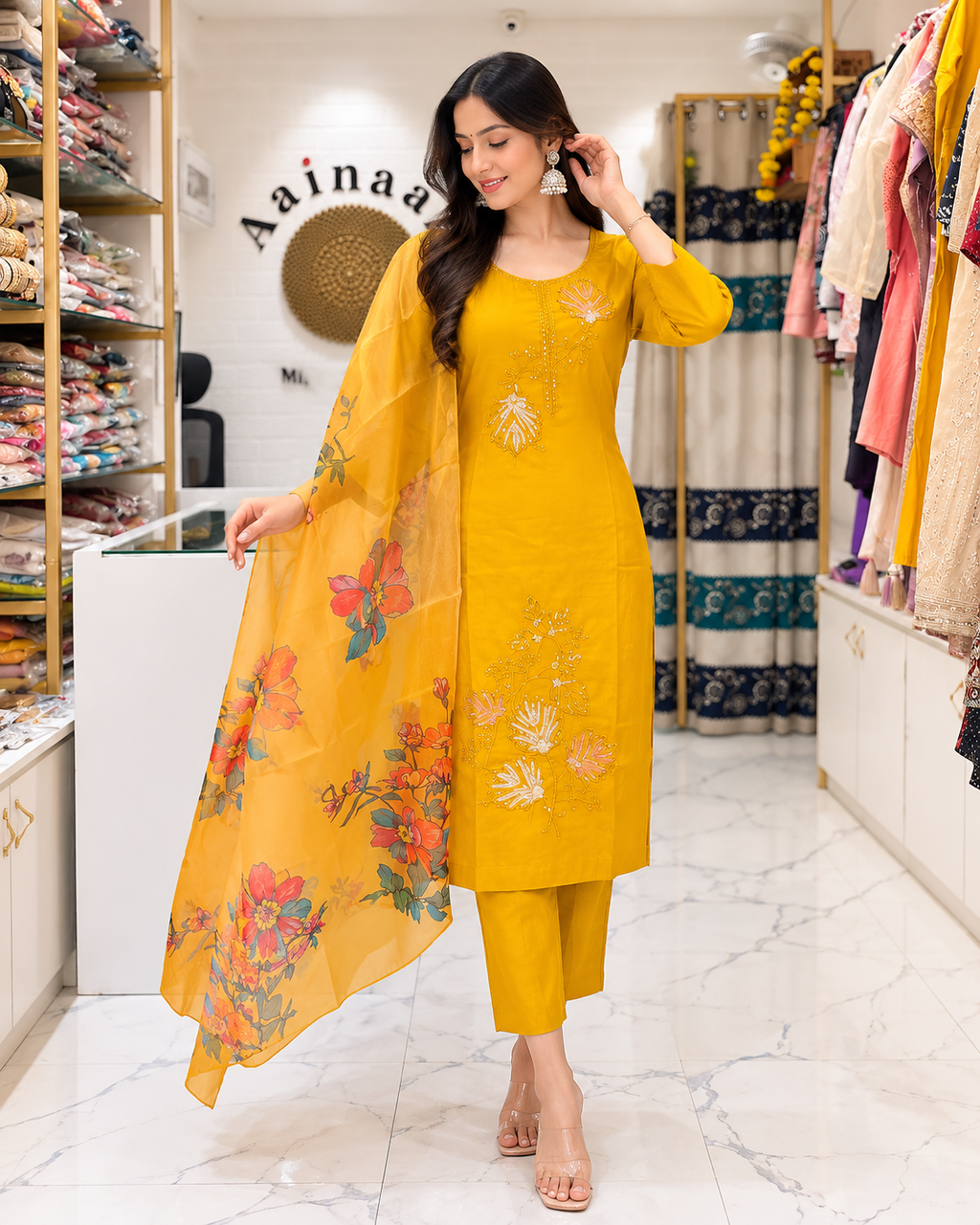 Ruby Silk suit with Embroidery - Yellow